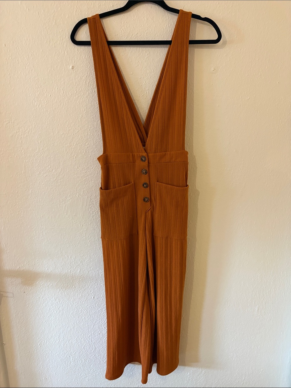 Sienna Sky Ribbed Deep-V Button Front Jumpsuit in Rust